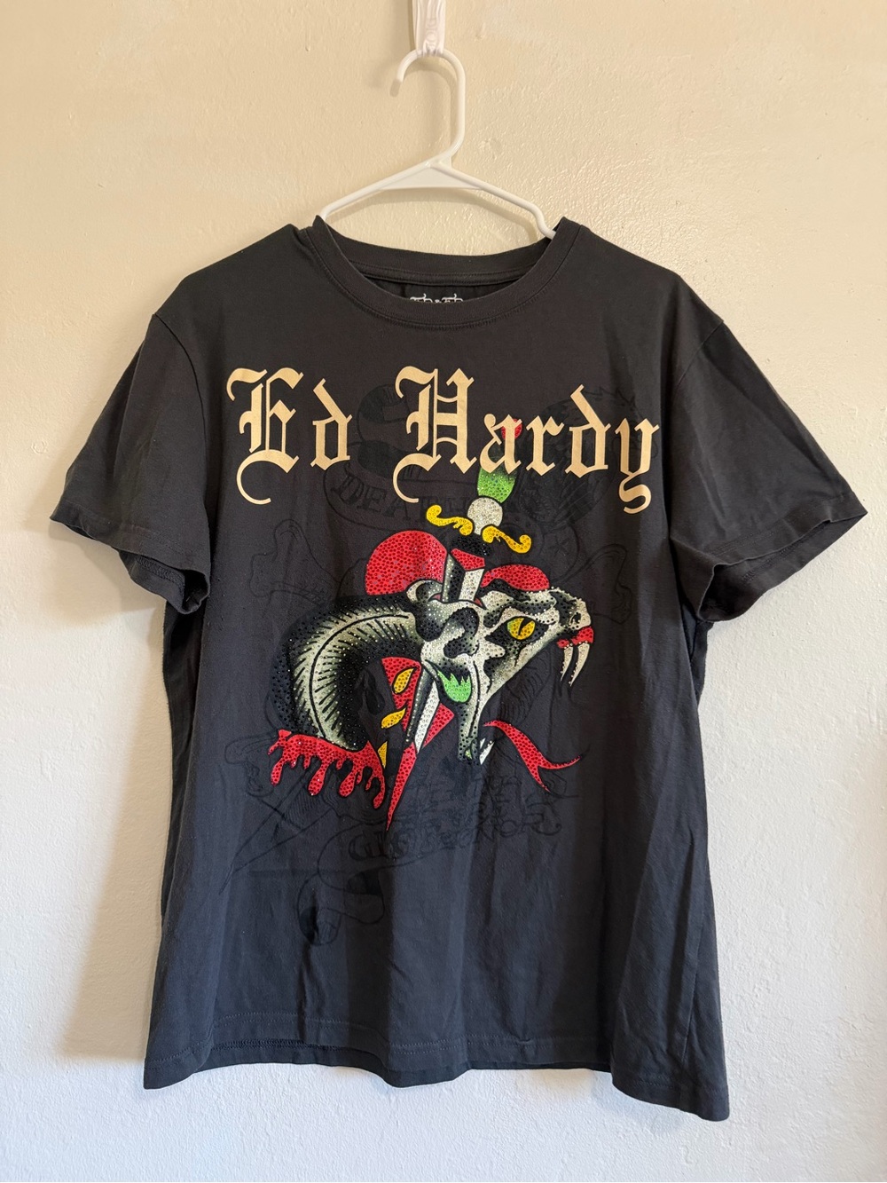 Ed Hardy Black Rhinestone Dragon Graphic T-Shirt Size M
